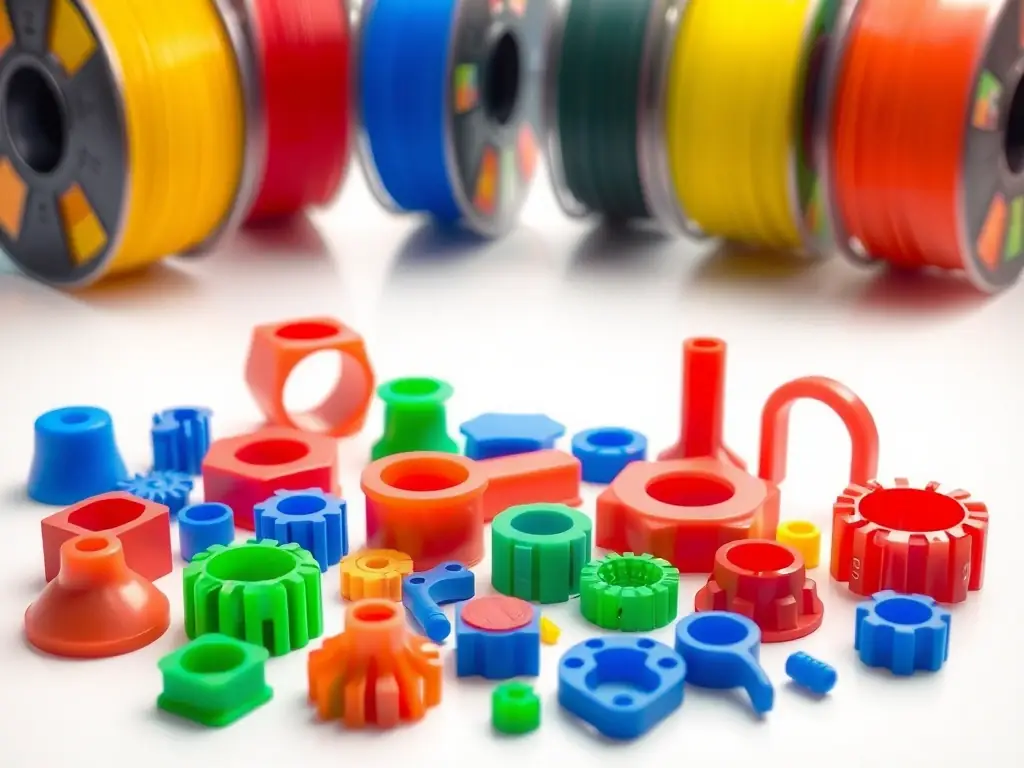 A vibrant image displaying a selection of colorful, durable parts printed using Fused Deposition Modeling (FDM). The parts vary in shape and size, demonstrating the versatility of FDM. The background includes spools of filament in various colors.
