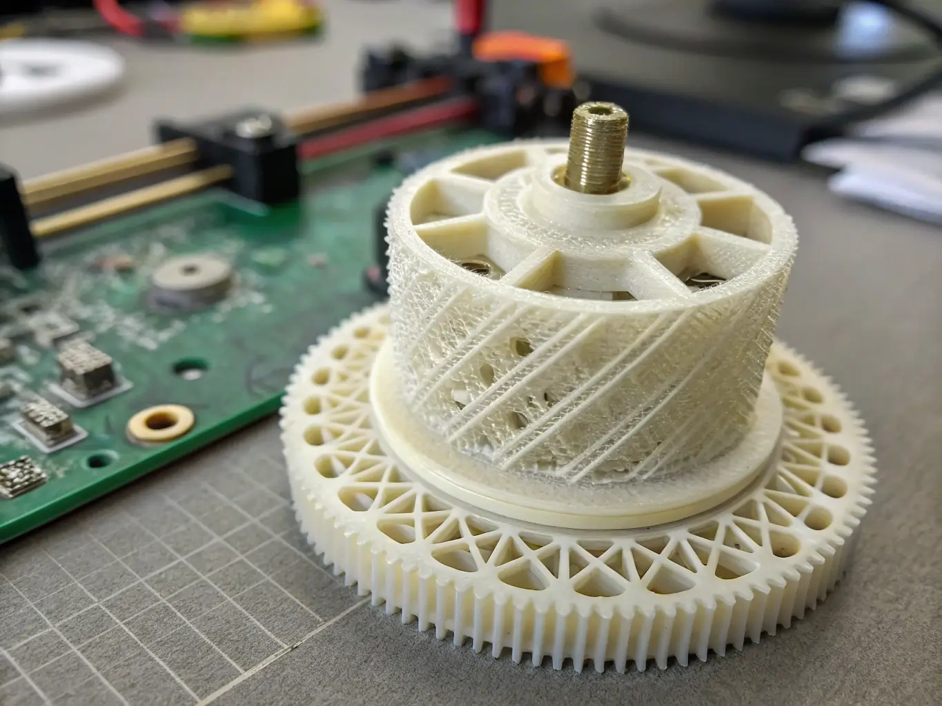 A high-resolution image showcasing a detailed prototype of a mechanical component created using Stereolithography (SLA). The prototype is finely layered and exhibits smooth surfaces, highlighting the precision of the SLA process. The background is a clean, modern workshop setting.