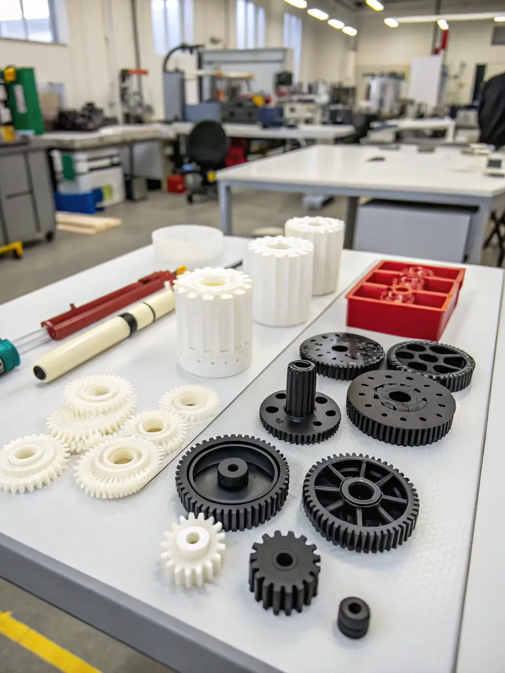 A collection of custom-engineered metal and plastic industrial parts produced via 3D printing, arranged on a workbench in an industrial setting.