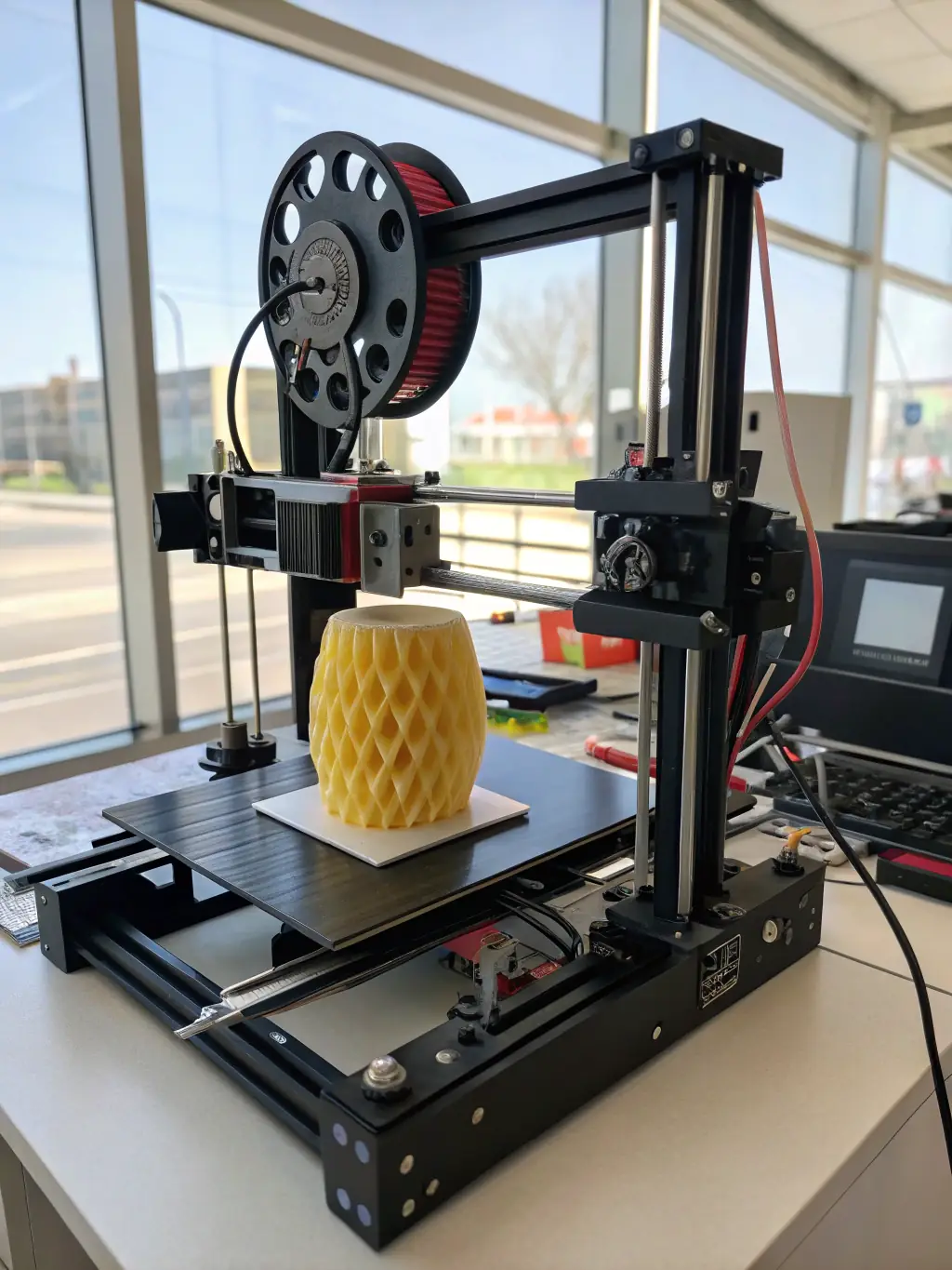A close-up shot of a 3D printer creating a complex geometric shape with precision and accuracy.