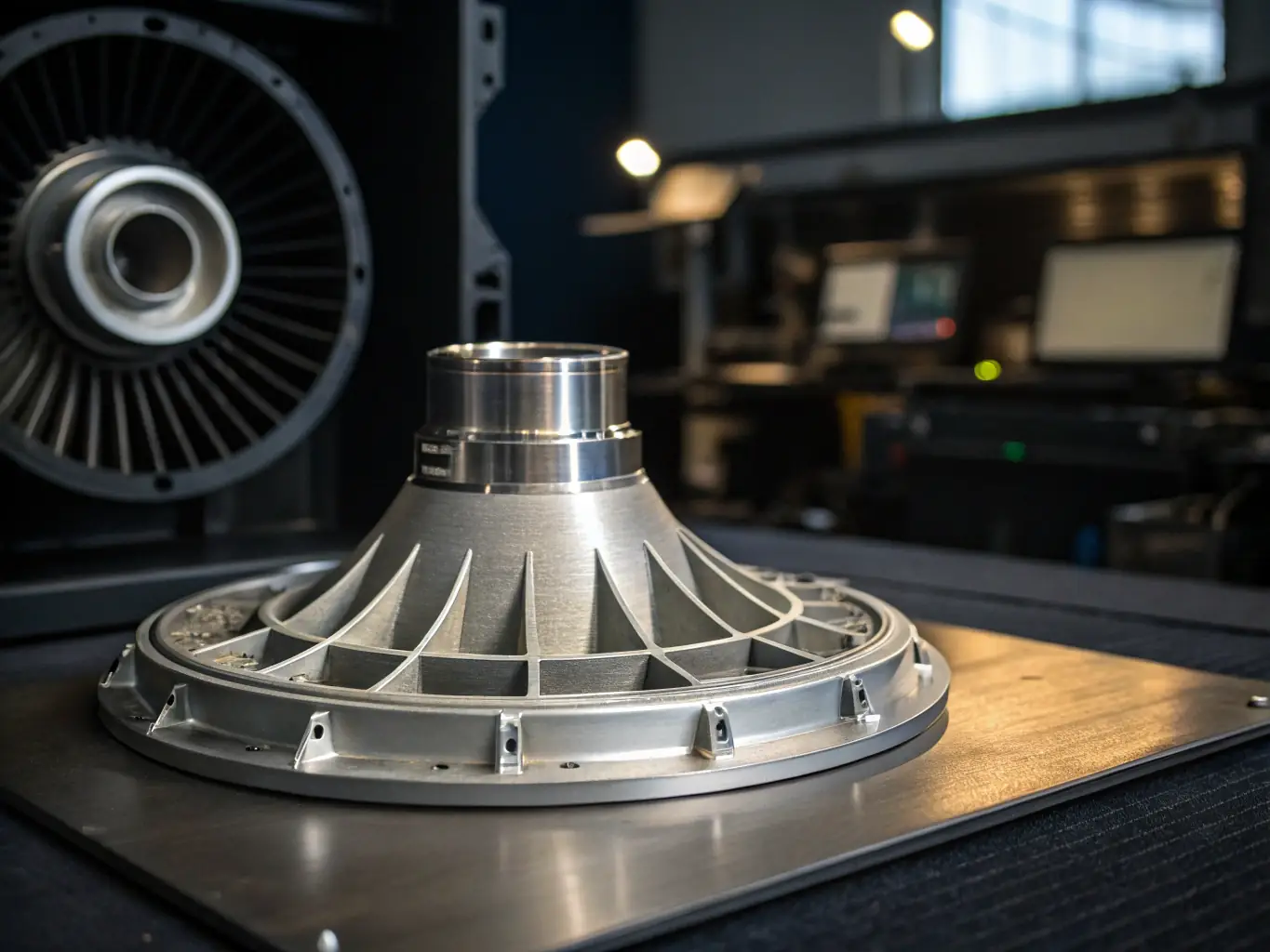 A close-up image of a metal part created using Selective Laser Melting (SLM). The part exhibits a complex internal structure and a high-quality metallic finish. The background shows the SLM printer in operation.